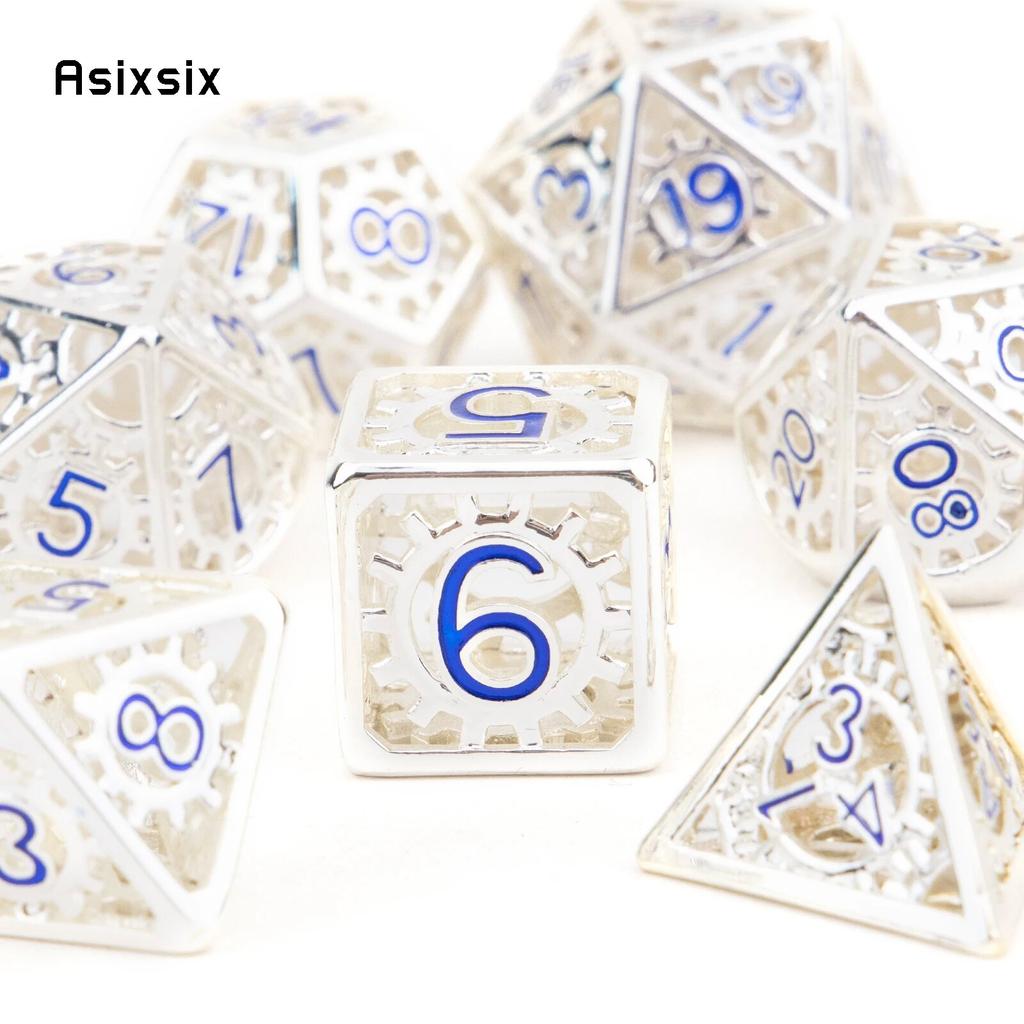 7 Pcs White Blue Gear Wheel Metal Dice Hollow Metal Polyhedral Dice Set Suitable for Role-Playing RPG Board Game Card Game