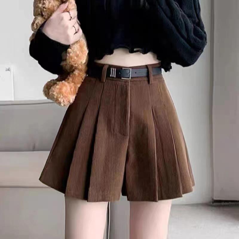 Women's High Waist A-line Khaki Corduroy Pleated Skirt Shorts - Autumn/Winter European Style Casual Wear