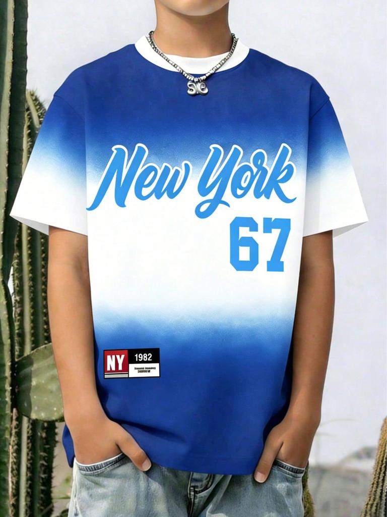 Single-piece boys' letter pattern blue and white gradient design round neck drop shoulder short-sleeved T-shirt spring/summer style