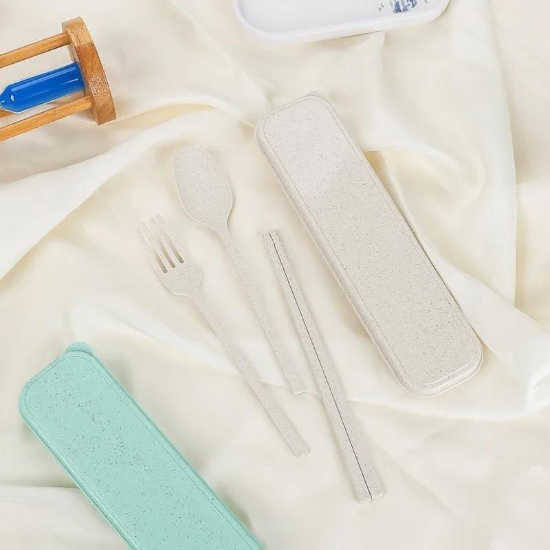 Portable Cutlery Box, 3pcs/set Travel Dinnerware Sets, Japan Style Wheat Straw Knife Fork Spoon, Student Kitchen Tableware