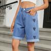 Летние женские джинсовые шорты со средней талией, длиной до колена, эластичные, повседневные, широкие, прямые, потертые, с манжетами, короткие джинсы с карманами