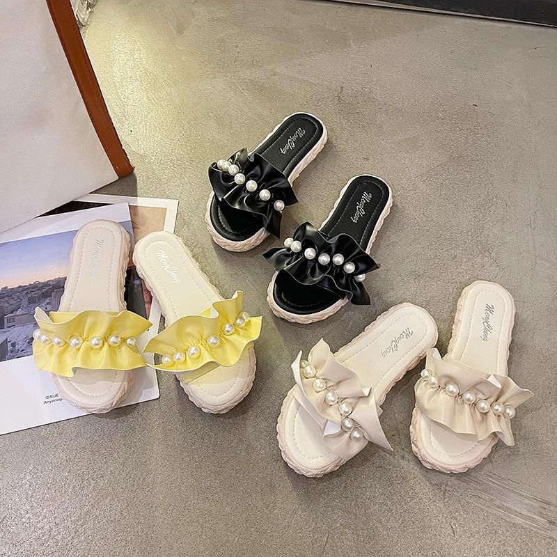Summer New Fashion Elegant Casual Women's Sandals Solid Color Round Toe Lightweight Pearl Pleated Open Toe Slippers NO:288