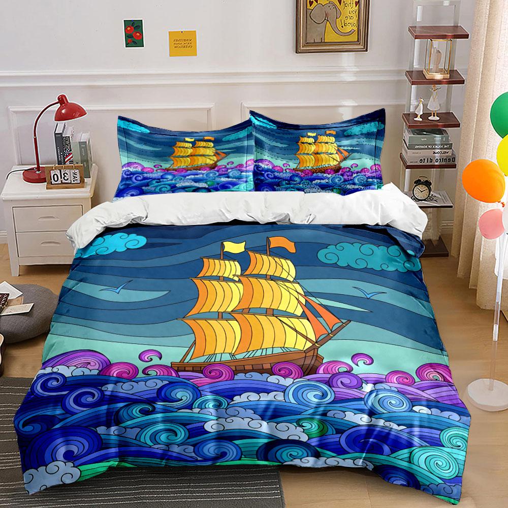 Colorful Ocean Sailboat Decor Set Bedding Set with 1 Duvet Cover 2 Pillowcases Single Double King Queen, Gift
