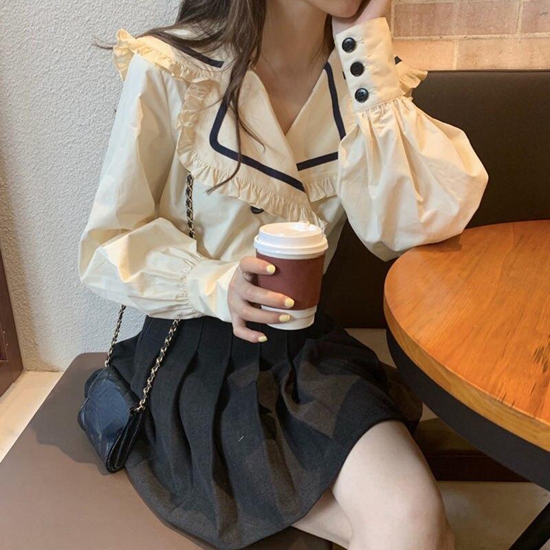 Рубашки женские винтажные лоскутные с рукавами-фонариками матросский воротник колледж двубортные свободные повседневные рубашки большого размера