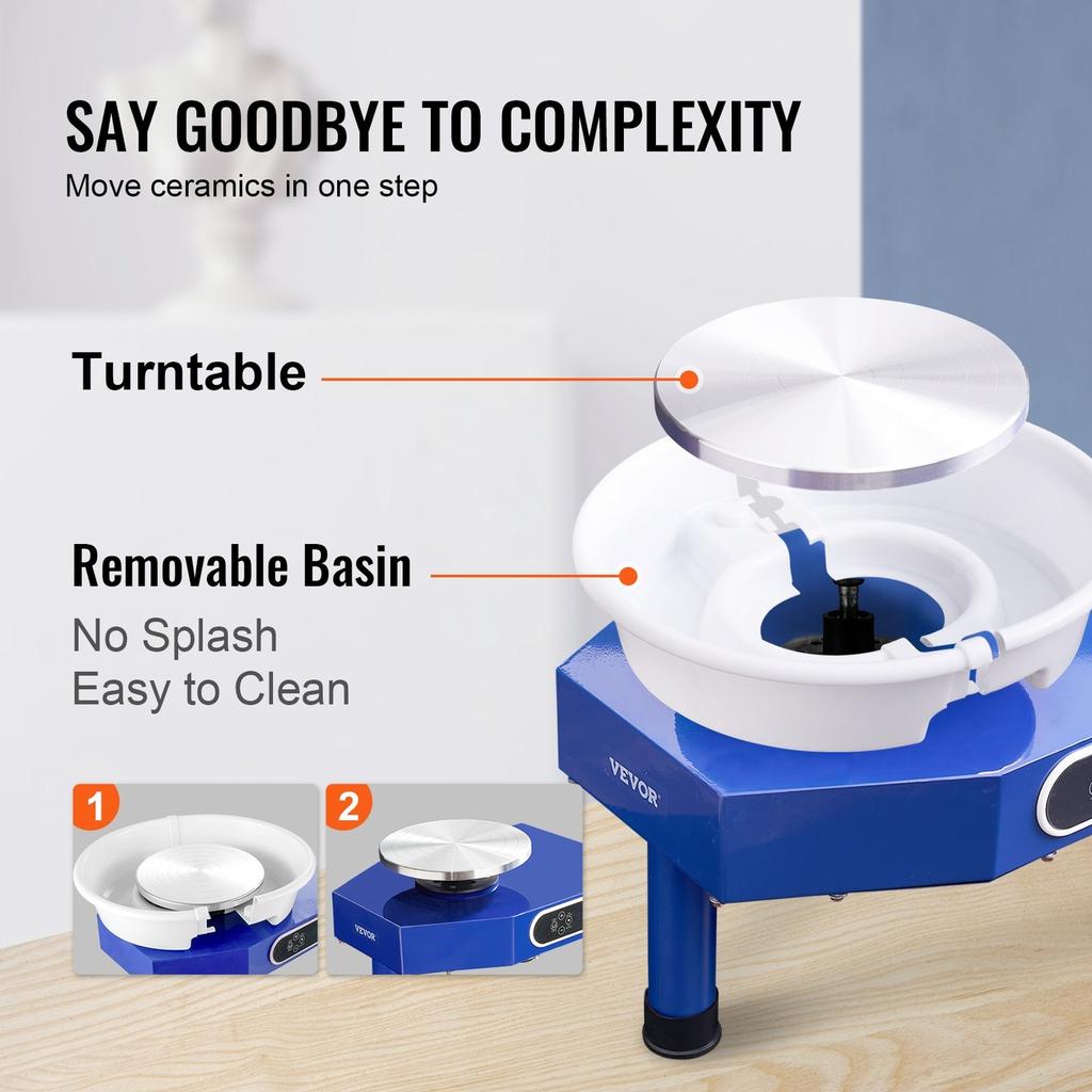 Pottery Wheel, 10 in Ceramic Wheel Forming Machine, 60-300 RPM Adjustable Speed with Foot Pedal, ABS Detachable Basin, Manual LCD Panel, Sculpting