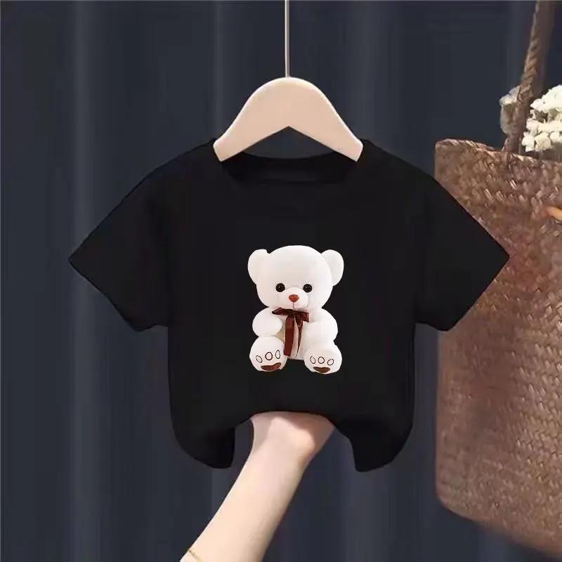 Футболка с круглым вырезом и принтом мультяшного маленького белого медведя, повседневная, с коротким рукавом, для мальчиков и девочек, новая трендовая детская одежда, топ