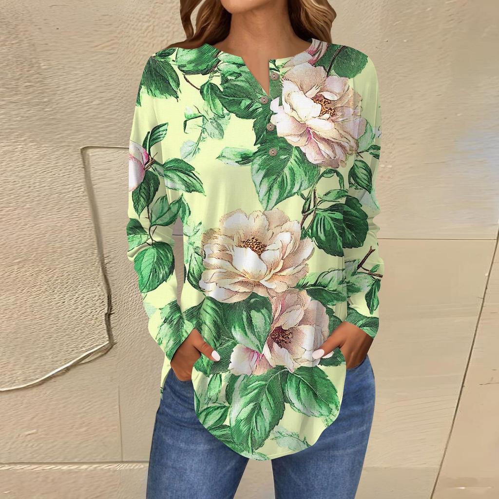 Модная свободная футболка с длинным рукавом и цветочным принтом на пуговицах, топ-пуловер