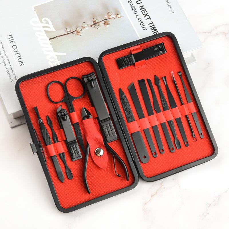 Машинка для стрижки ногтей из нержавеющей стали, триммер, набор для ухода за ушами, маникюрные ножницы, педикюр, пинцет, набор инструментов для ногтей с черным кожаным дорожным футляром