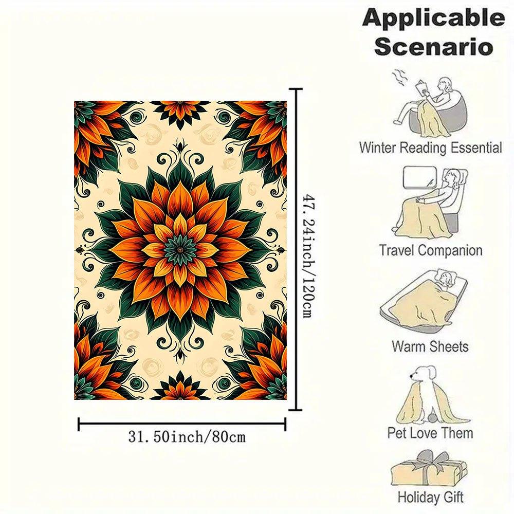 "Bohemian Floral Tapestry: Vibrant Orange & Green Decorative Wall Hanging"Blanket Flannel Throw Blanket for Sofa, Bed, Travel, Camping, Offi