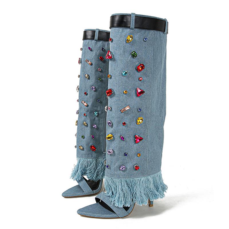 Eilyken Подиум Синий Деним Кристалл Тонкий Каблук Сапоги до Колена Шпильки Ночной Клуб Пикантный Женская Обувь Botas Mujer