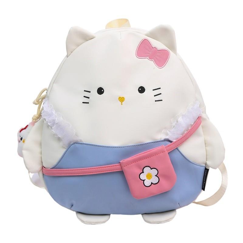 Cute Cartoon Bow Lace Cat Design Student Casual Backpack With Plush Pendant For Students