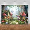 Dreamy fairy tale forest wonderland theme birthday party decorations mushroom house family background banner stud27