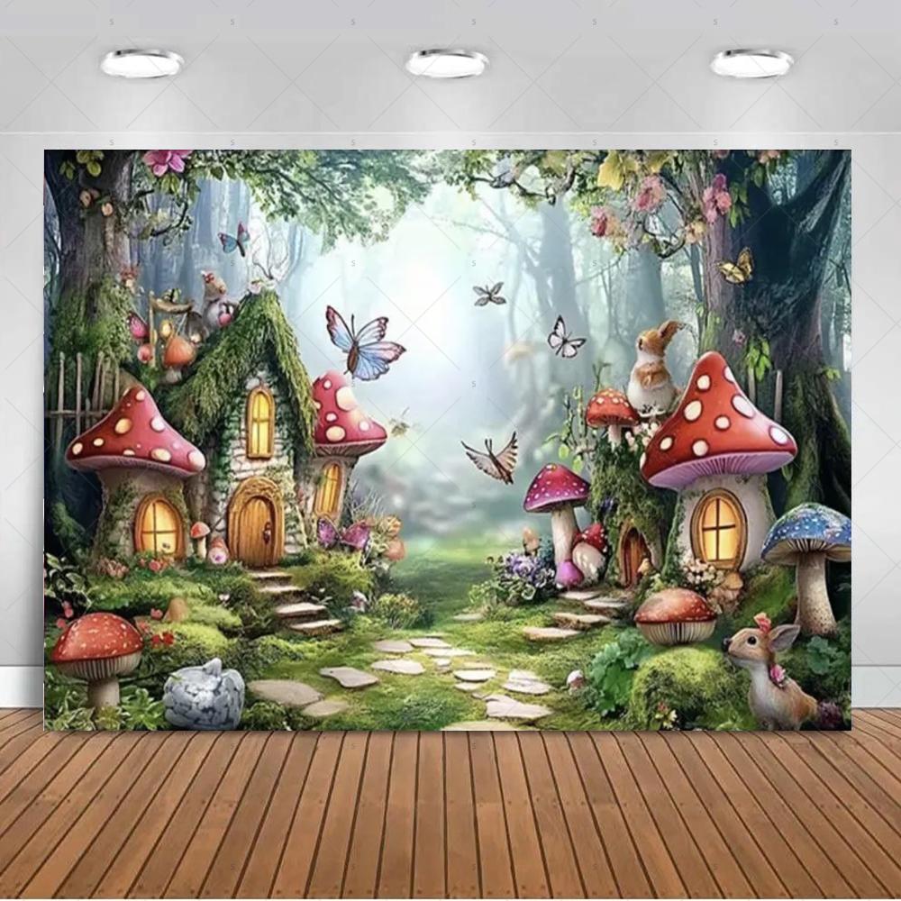 Dreamy fairy tale forest wonderland theme birthday party decorations mushroom house family background banner stud27