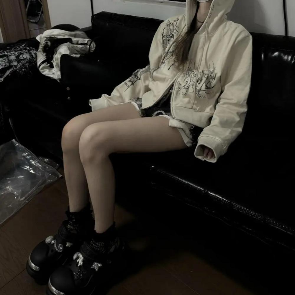 VAYLA Осенние укороченные худи в эстетике Y2k для женщин, повседневные, с принтом, на двойной молнии, в стиле харадзюку, панк, готические куртки в стиле фейри-гранж