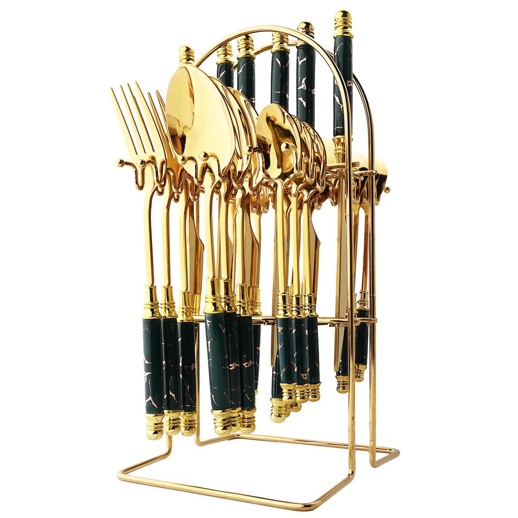 Gold Imitation Ceramic Dinnerware Set Stainless Steel Flatware Cutlery Set Knife Fork Spoon Luxury Tableware Set Storage Rack