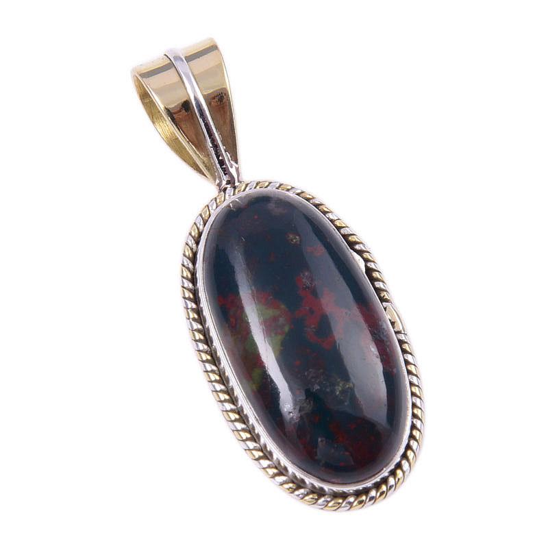 Natural Bloodstone Gemstone 925 Solid Sterling Silver TwoTone Pendant 1.50" U5j07