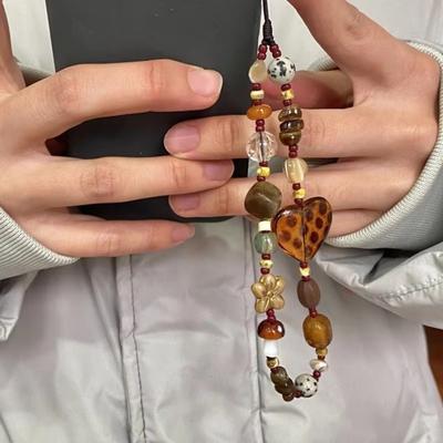 Леопардовое Сердце Бусины Браслет Ремешок Смола Подвеска Веревка Милая Цепочка Для Телефона Веревка Для Девочки Женщины