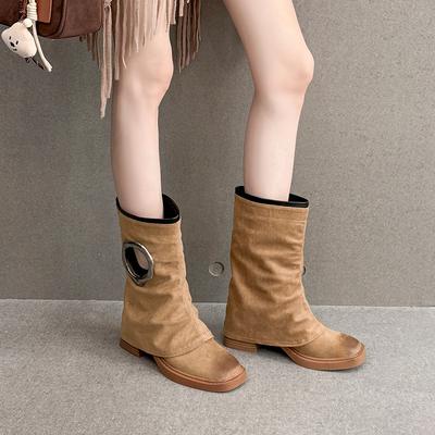 Версия из коровьей кожи ретро замша универсальные кожаные ботинки Мартин женские осенние новые нишевые с металлической пряжкой западные ковбойские ботинки