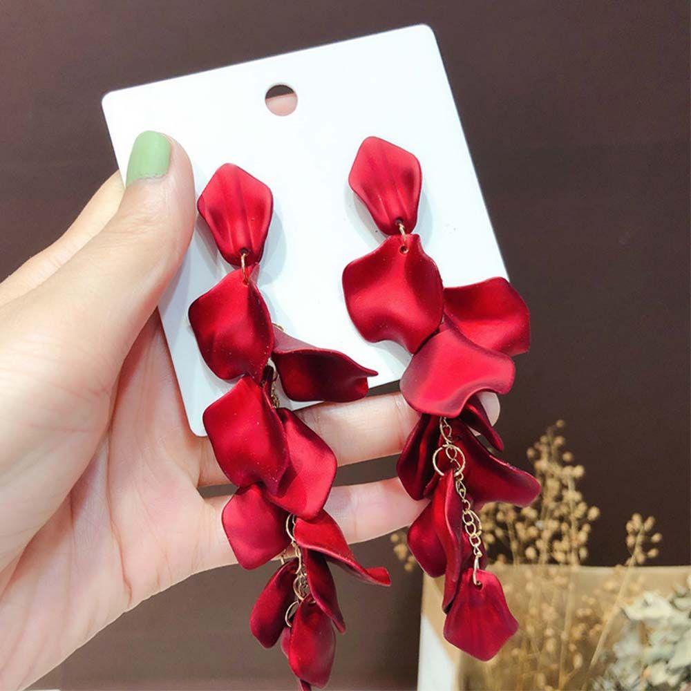 Red Rose Long Tassel Acrylic Resin Drop Petals Dangle Earrings Accessories Jewelry Stud Earring