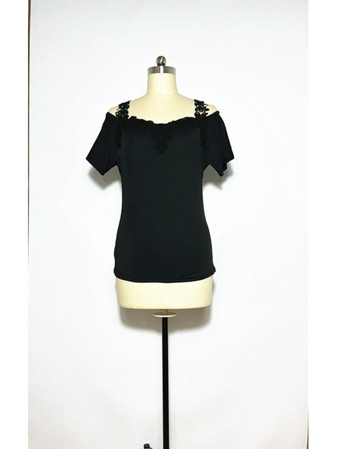 Европейская женская повседневная свободная футболка с V-образным вырезом и кружевом, короткие рукава.