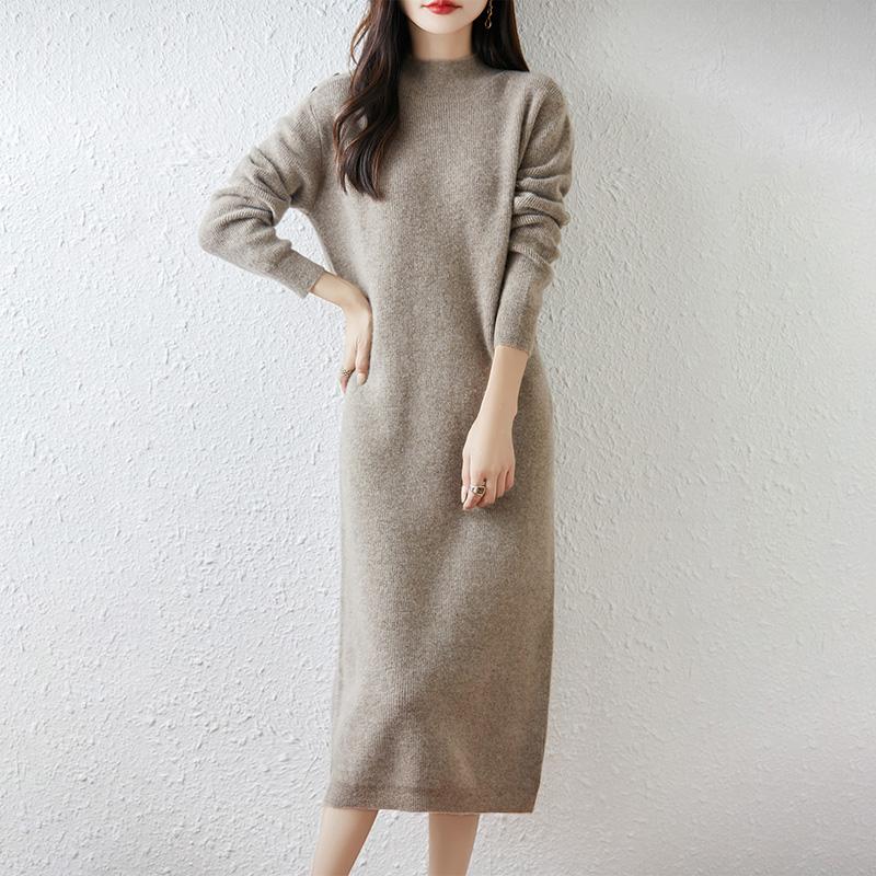 Women Sweater Dress 100% Wool TIDENOVEL O-neck Knit Long Pullover Winter Jumpers Wool Long Dress Female