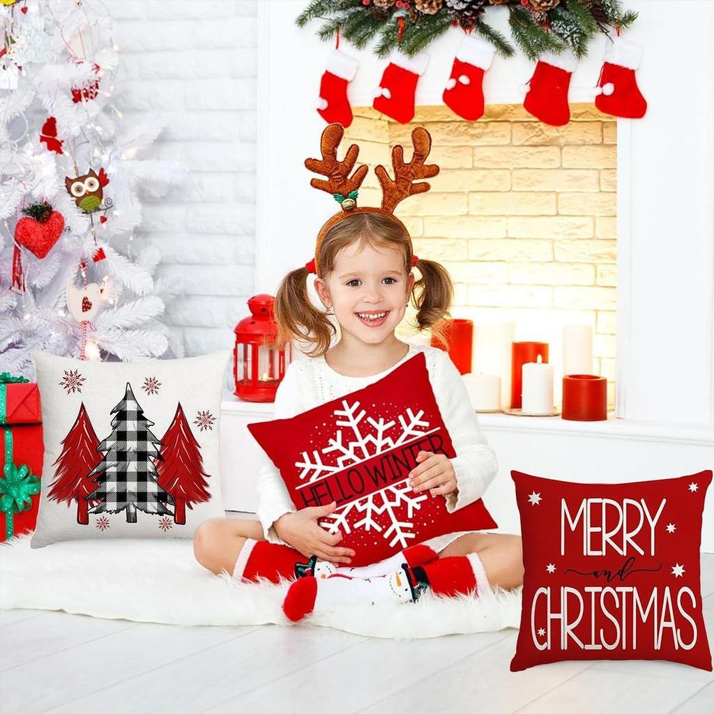 4Pcs Christmas Cushion Covers 16 Inch X 16 Inch Christmas Decorations Items Christmas Xmas Tree Snowflakes Print Throw Pillow Cover