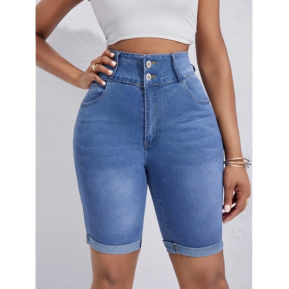 Women Summer High Waist Knee Length Denim Shorts Ladies Stretch Jeans Short Pants