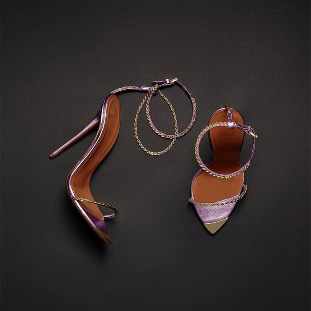 Fashion FHC New 12cm Women High Heeled Sandals,Ankle Chains Strap Summer Shoes,Pointy Open Toe,Gold,Silver,Purple,Size 34-45,Dropship