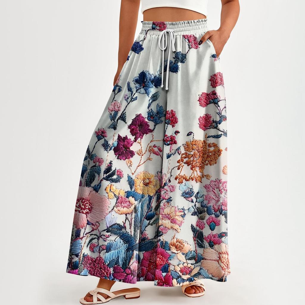 Женские брюки с высокой талией и карманами, повседневные брюки с цветочным принтом