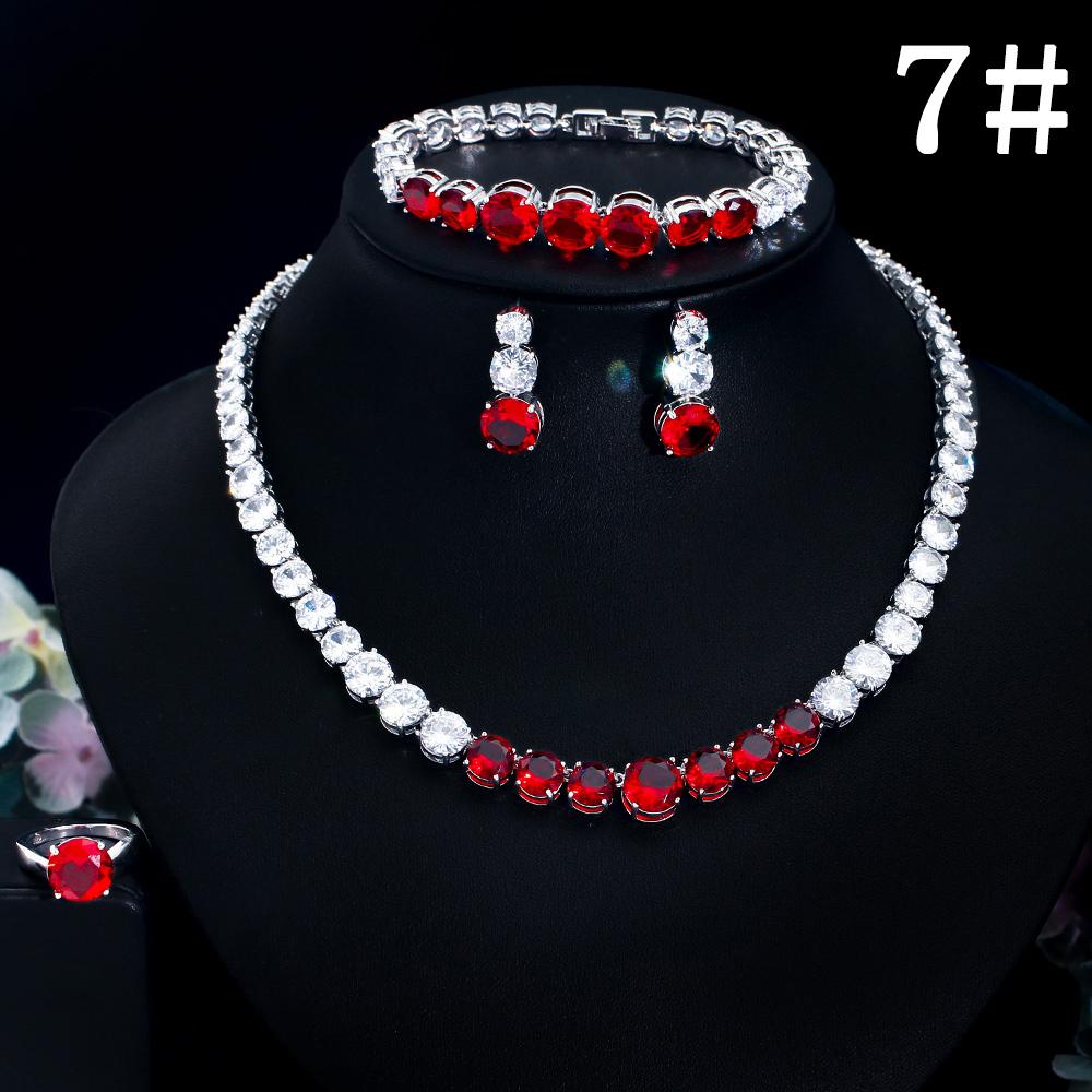 CMM 4PS Роскошный комплект свадебных украшений, ожерелье, кольцо, серьги, браслет, сапфировый цвет/рубиновый цвет, цирконий