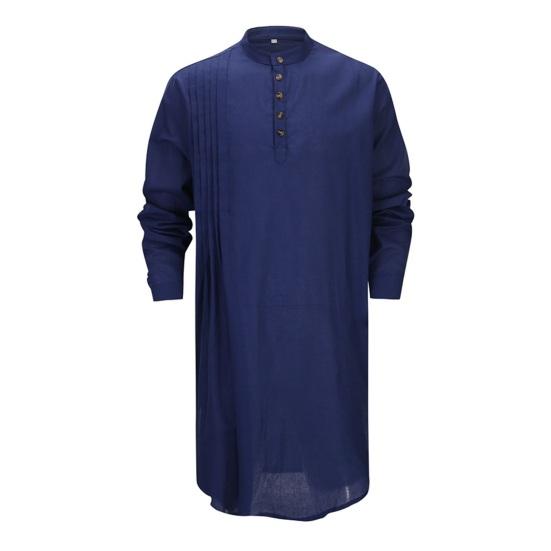 Men's Cotton Linen Kaftan Long Sleeve O-Neck Robe Solid Color Button-up Collar Thobe Breathable