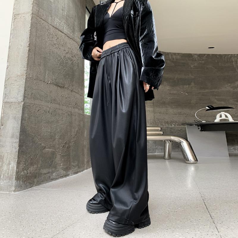 Модные уличные черные широкие брюки из искусственной кожи, женские однотонные прямые свободные повседневные брюки, женские элегантные облегающие винтажные женские брюки с высокой талией 25620