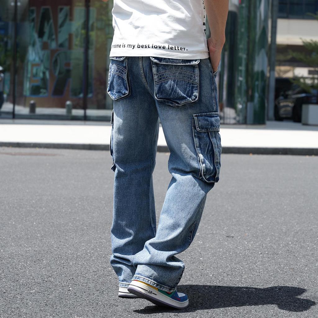 Мужские джинсы американского стиля с широкими штанинами и множеством карманов, свободные рабочие джинсы, большой размер