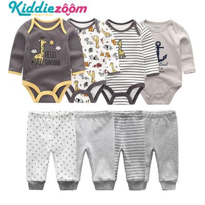 Комплект одежды для новорожденных мальчиков и девочек, 8 шт., хлопковое боди с длинными рукавами и штанами с мультяшным принтом, одежда для младенцев, наряды