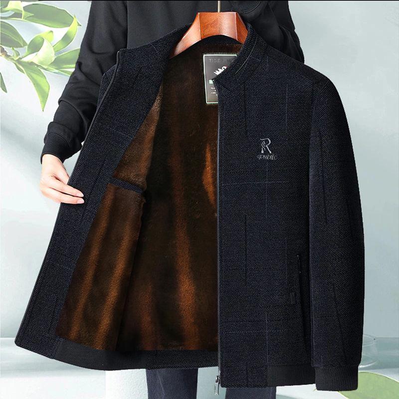 Men's Woolen Winter Coat with Fleece Lining and Thick Insulation - Ideal for Middle-aged and Elderly.