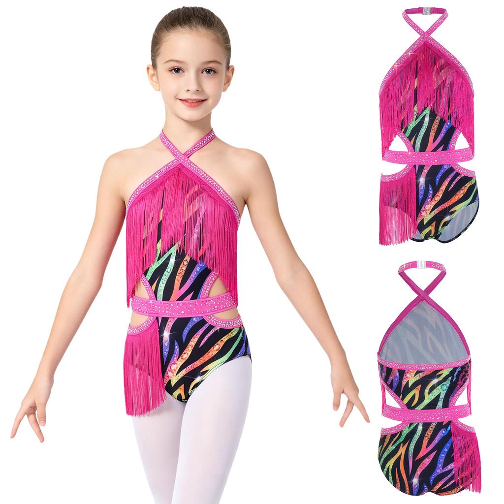 Kids Rhinestone Tassel Latin Dance Competition Bodysuit Halter Sleeveless Crisscross Back Side Cutout Jumpsuit for Stage Show