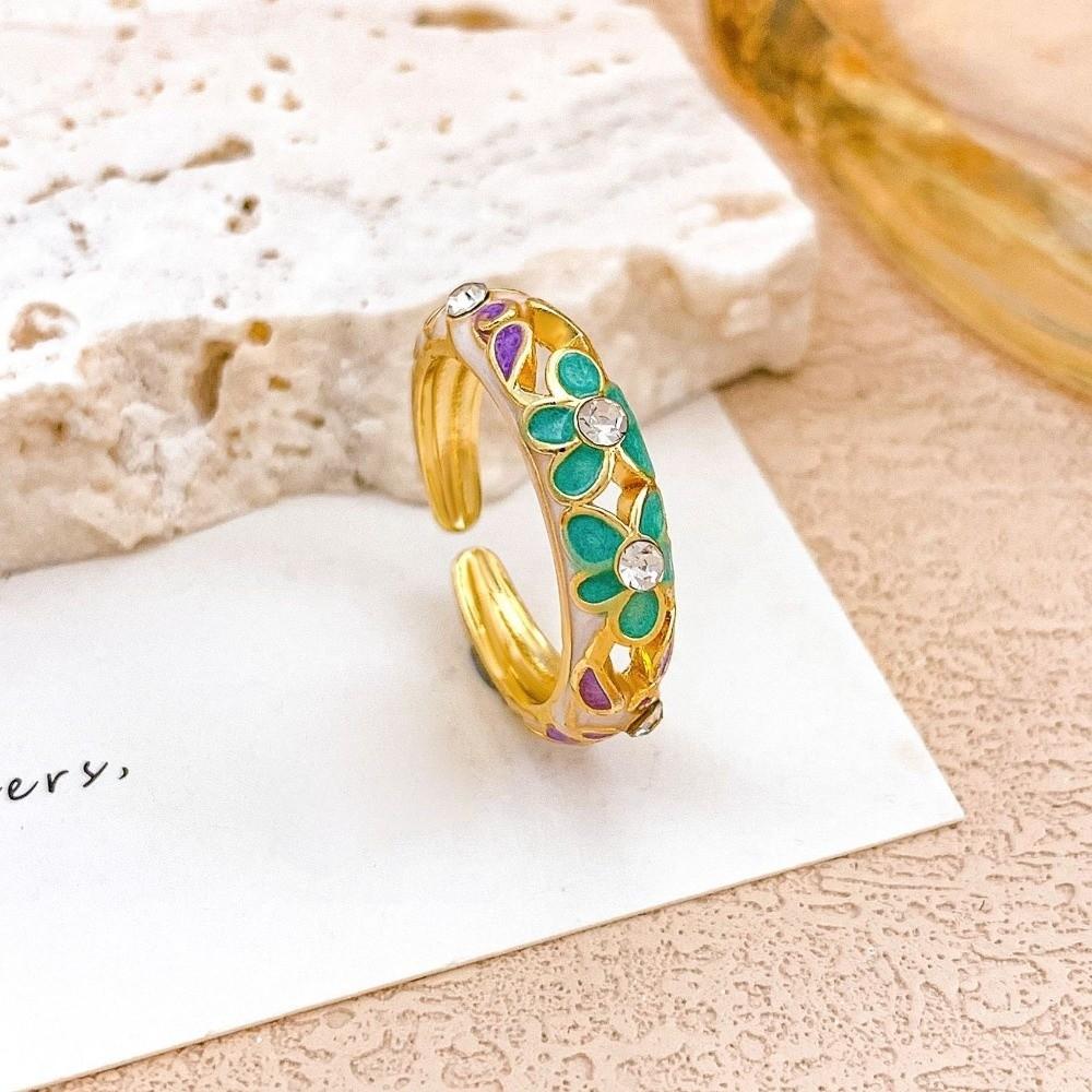 Hollow Out Vintage Geometric Rings Engraved Gold Plated Ring Colorful Enamel Flower Rings Female