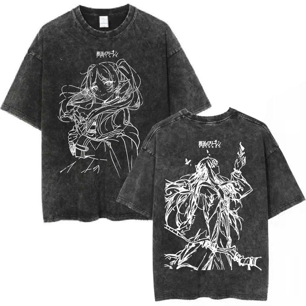 Washed Vintage Anime Frieren Beyond Journeys End Himmel Tshirt Men Women Fashion Harajuku Short Sleeve Cotton Casual Tshirts