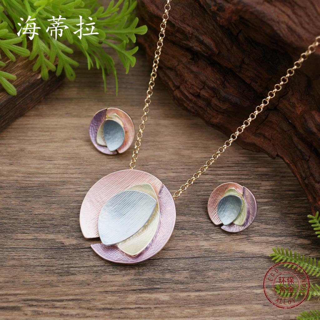 Luxury new hot-selling color painting oil round geometric petal stud earrings pendant set, women's simple flower necklace