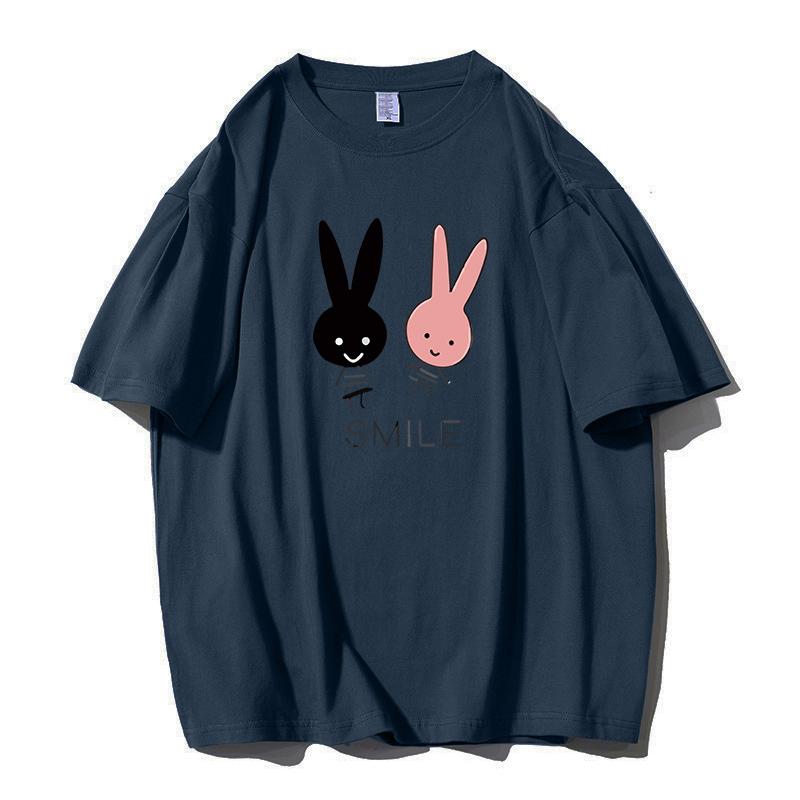 Shellsuning Cute Bunny Graphic Printed T Shirts Women Summer Casual Loose O Neck Short Sleeve Tees Female Trendy 100% Cotton Tops Lady