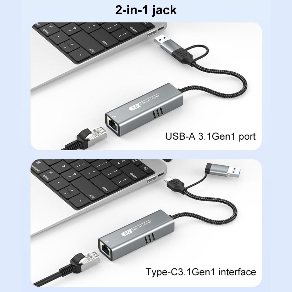 2-в-1 USB/Type C на Ethernet-адаптер 5000 Мбит/с RJ45 в Type C Ethernet-конвертер USB-C LAN-адаптер для Windows 10/11 и Mac OS
