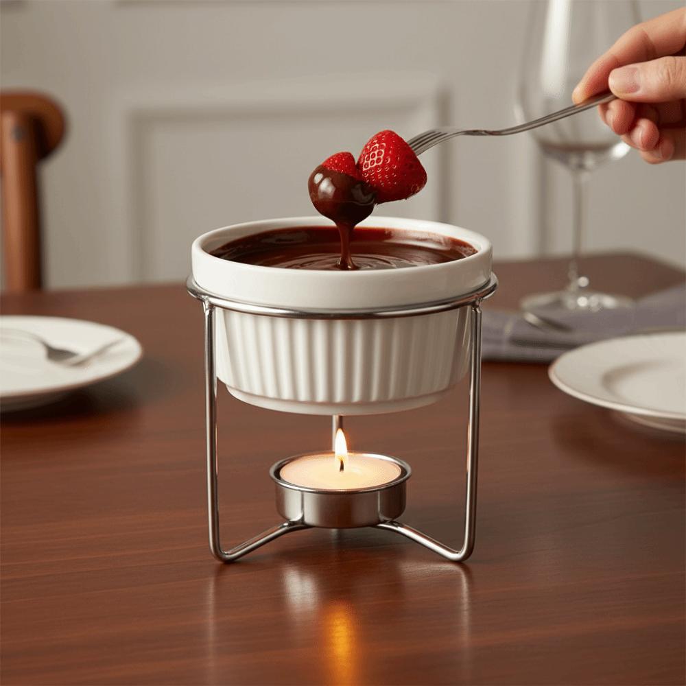 Ceramic Butter Warmer Fondue Pot Stable Metal Rack Chocolate Heater Pot Cheese Melting Pot Dessert