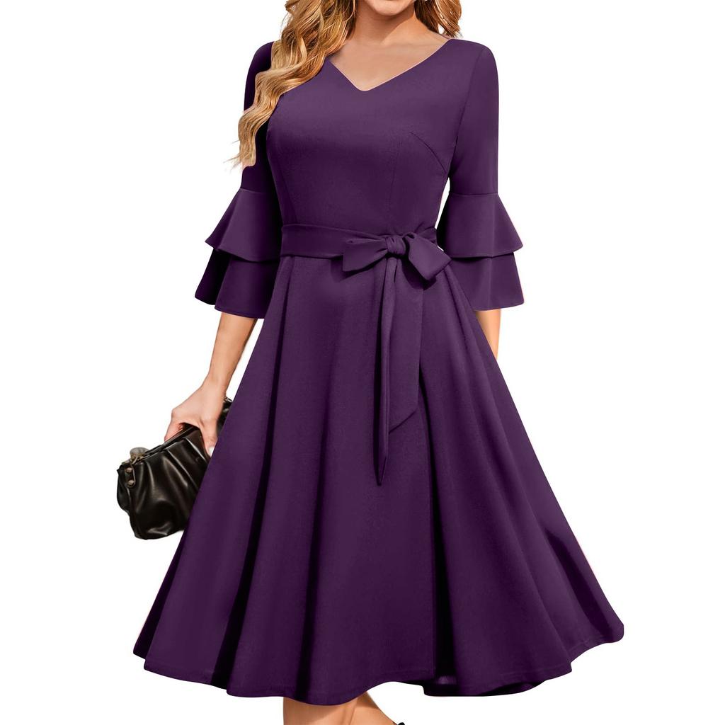 Women's Elegant Bell Sleeve Cocktail Party Dresses For Wedding Guest Fit And Flare Church Midi Evening Dress