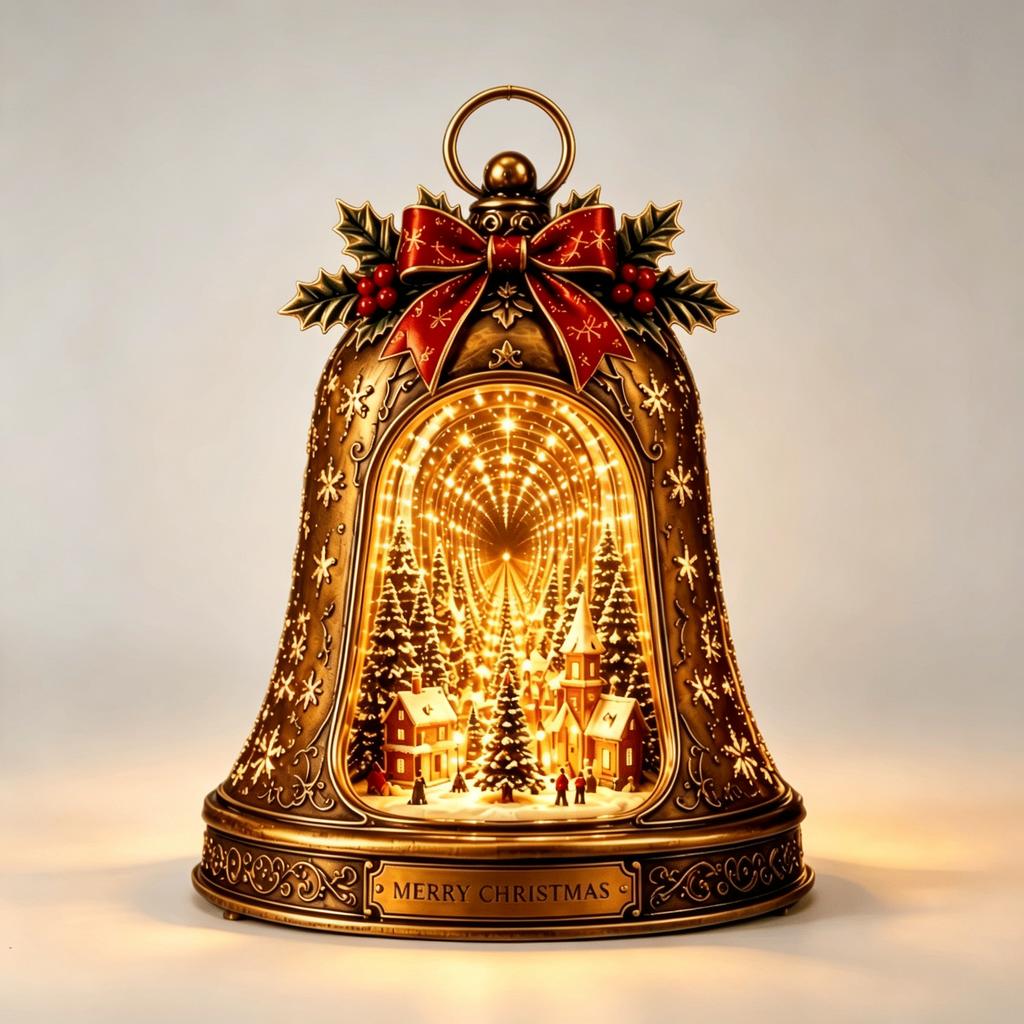 Christmas Light‑Up Bell Figurine, Resin Christmas Village Scene Decor with Infinity LED Lights