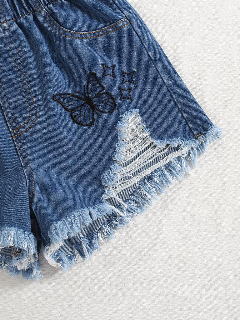 Single-piece set of girls' tassel star decoration cute butterfly embroidery trendy must-have ripped denim shorts new style