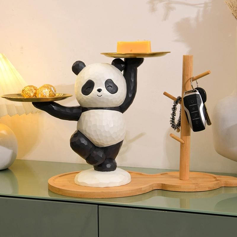 Decorative Panda Resins Statue with Storage Tray for Key and Trinkets Animal Sculpture Entryway Living Room Table Decors