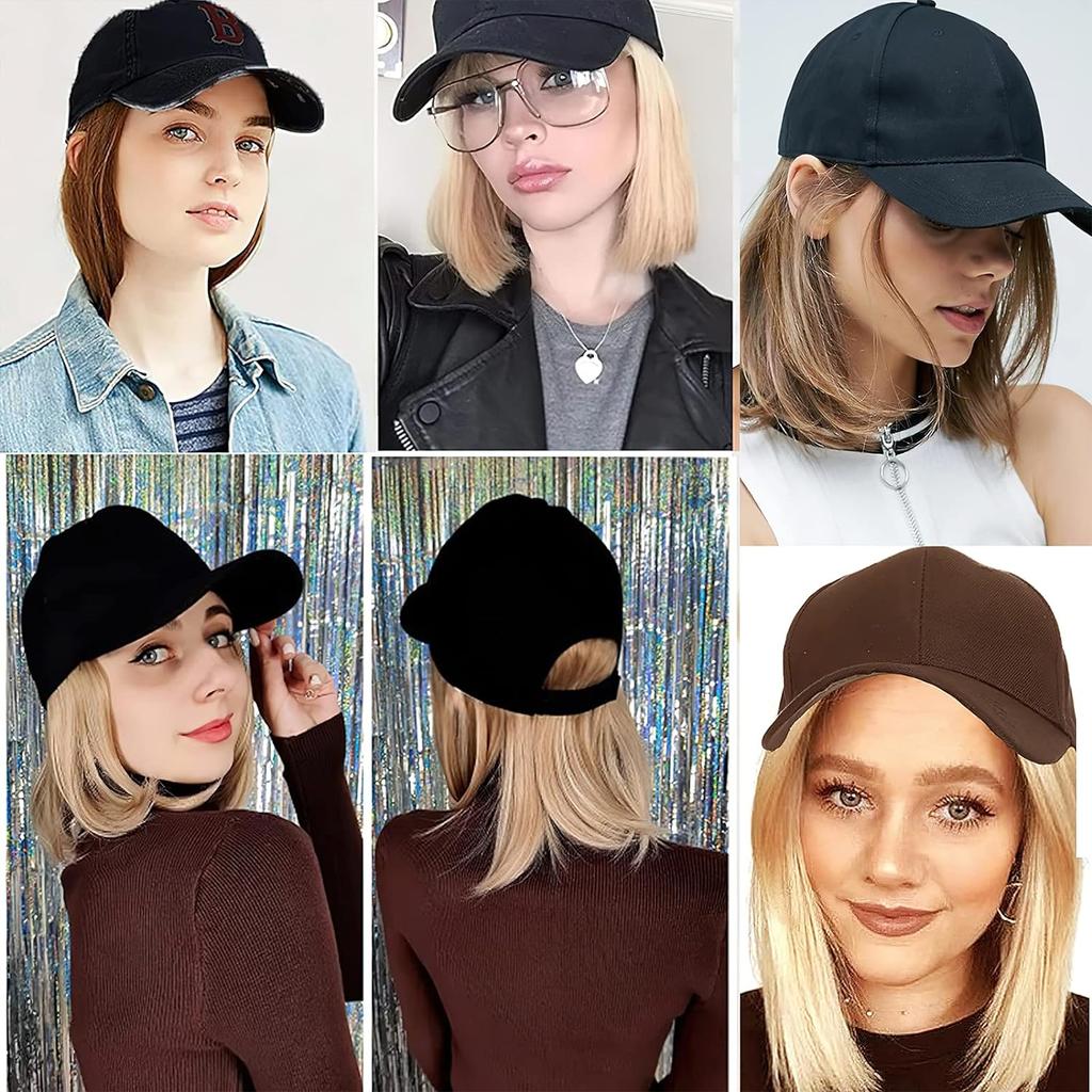 Парики со шляпой, короткий прямой парик из волос боб с бейсбольной шляпой для женщин и девочек, синтетические термостойкие парики из волос с регулируемой шляпой