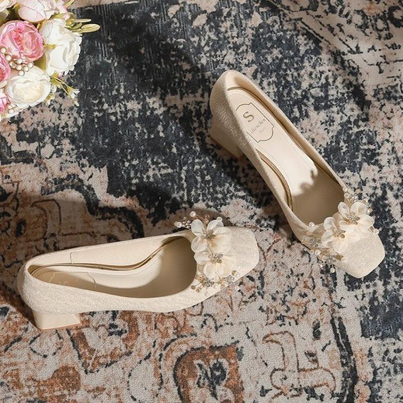 2024 Новая Мода Однотонные Женские Туфли Квадратный Носок Высокий Каблук Римский Стиль Слипоны Бежевый Римский Однотонный Zapatos De Mujer