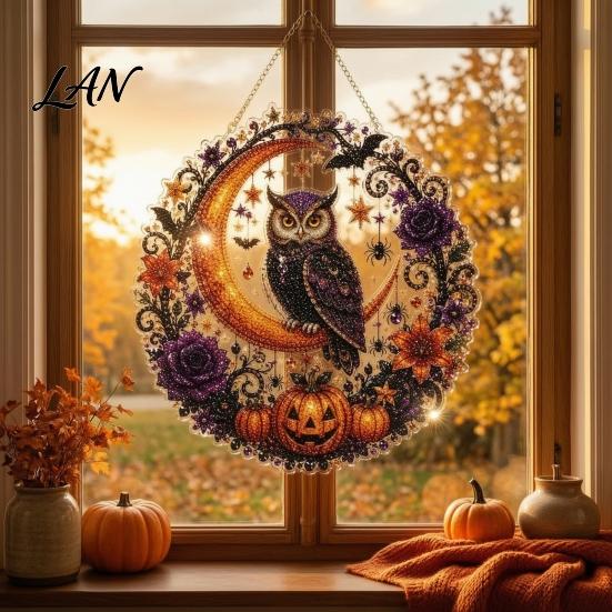 Halloween Craft Kits for Adults Ghost/Owl Diamond Art Hanging Ornament Kit, Easy Painting Beginners Suncatcher, DIY Pendant Window Decor Decorative