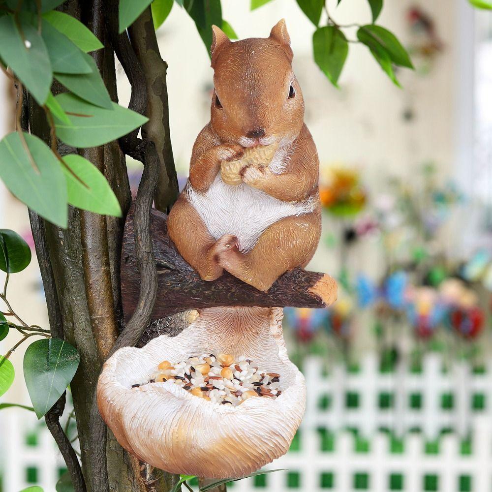 Resin Bird Feeder Cute Art Statue Multi Functional Squirrel Tree Hanging Micro Landscape